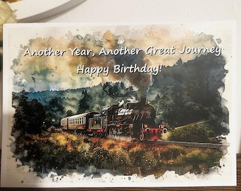 Tarjeta de cumpleaños hecha a mano con temática ferroviaria – Otro año