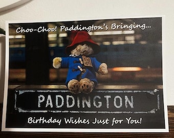 Tarjeta de cumpleaños hecha a mano con temática ferroviaria – Paddington