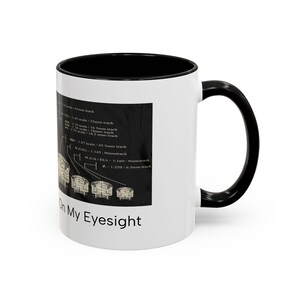 May include: A white ceramic mug with a black handle and interior. The exterior features a black rectangular graphic displaying various model train scales and track widths, including O, OO, EM, P4, HO, N, and Z scales, with the text On My Eyesight.
