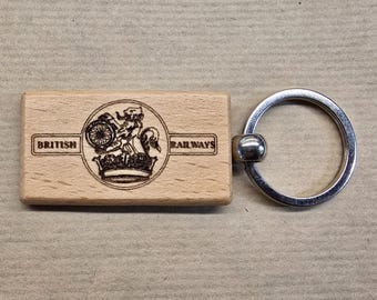 Handmade Engraved Wooden Railway Keyring | Train Lover Gift - Rectangular 'BR Late Crest'