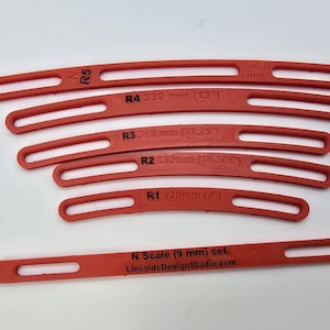 May include: A set of red, curved plastic tools, labeled R1 through R5, with measurements in inches and millimeters. The set includes a straight piece labeled "N Scale (9 mm) set" with the website LinesideDesignStudio.com.