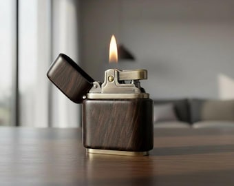 Encendedor de gasolina vintage con vetas de madera, encendedor de mecha a prueba de viento, encendedor de bolsillo metálico recargable, regalo retro para hombres.