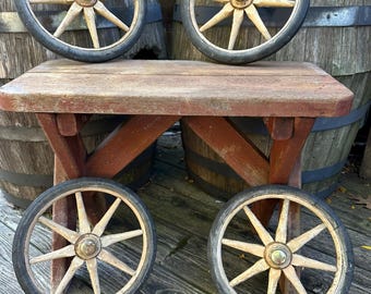 4 Antique Wooden 7-Spoke Carriage Buggy Wheels – Hard Rubber Tires (11" Diameter)