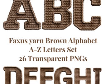 Namaakgaren alfabet PNG, klinkhaakgaren png, gezellig garen gebreide letters, gebreid alfabet, alfabetbundel, bruin namaakgaren, digitale download