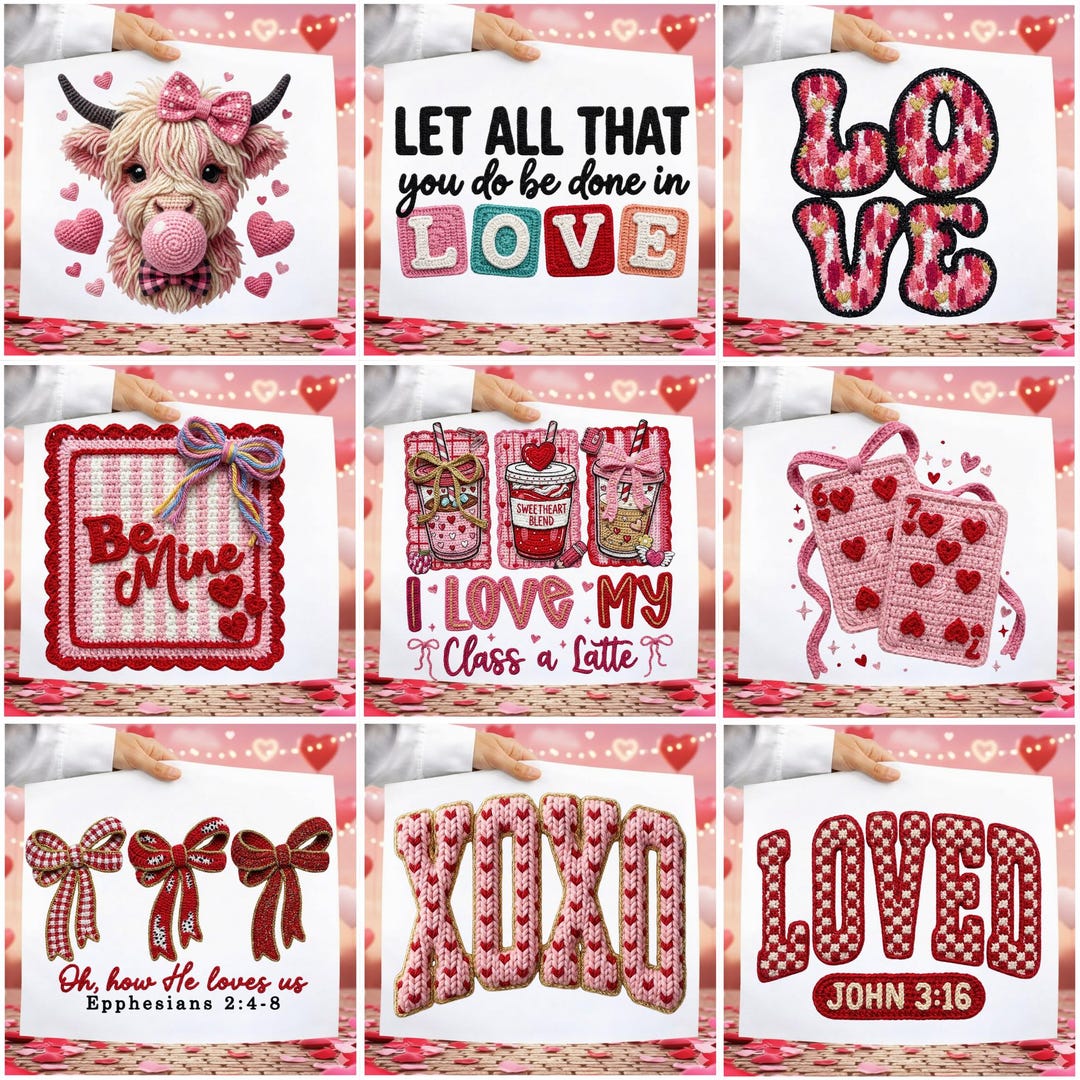 Valentines Day PNG Bundle Faux Yarn Latch Hook Yarn Bow Coquette ...