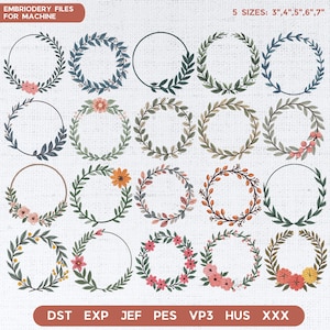 Könnte beinhalten: Stickdateien für Maschinenstickerei mit floralen Kranzdesigns in 5 Größen: 7,6 cm, 10,2 cm, 12,7 cm, 15,2 cm und 17,8 cm. Die Kränze zeigen verschiedene Blatt- und Blumenarrangements in Grün, Rosa, Orange und Blau.