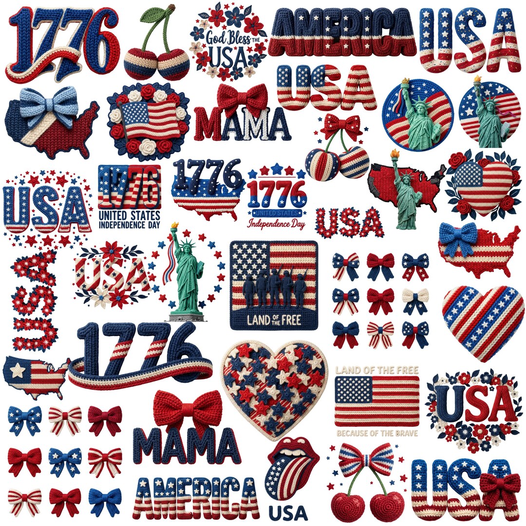 4th of July PNG Bundle – Faux Yarn USA Flag, Coquette Bow, Freedom ...