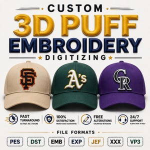 Puede incluir: Servicio de digitalización de bordado 3D en relieve con tres gorras de béisbol con logotipos bordados: una gorra beige con un logo SF naranja y negro, una verde con un logo A's blanco y amarillo, y una morada con un logo CR blanco.