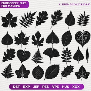 May include: A selection of black leaf embroidery designs in different shapes and sizes. The image includes text that reads "EMBRIODERY FILES FOR MACHINE" and "4 SIZES: 3.2",4.2",5.2",6.2"" along with file type abbreviations. These designs are suitable for machine embroidery projects.
