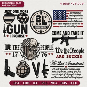 Peut inclure: Ensemble de fichiers de broderie pour machine, avec des motifs patriotiques et liés aux armes à feu. Comprend des lunettes de soleil, un pistolet, une tête de mort avec un drapeau américain et le texte "2nd Amendment". Disponible en tailles 10, 13, 18 et 23 cm.