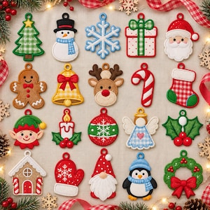 May include: A collection of twenty embroidered Christmas ornaments featuring various holiday icons including a tree, snowman, snowflake, gift, Santa, gingerbread person, bell, reindeer, candy cane, stocking, elf, candle, bauble, angel, holly, house, mitten, gnome, penguin, and wreath.