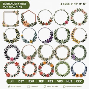 30 Monogramm-Kranz-Stickmuster mit farbenfrohem Rahmen, floraler Kranzrahmen, Stickdateien für die Stickmaschine, Sofort-Download