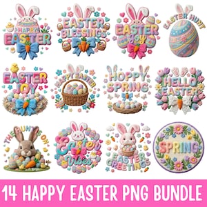 以下が含まれることがあります： イースターをテーマにした14個のカラフルなPNGグラフィックのコレクション。ウサギ、イースターエッグ、バスケット、ニンジン、リボン、花の要素が含まれています。「ハッピーイースター」、「イースターの祝福」、「イースターの喜び」、「ハッピースプリング」などのテキストが含まれています。