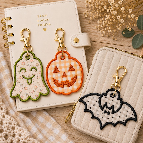 Halloween ITH Bag Tag Embroidery Design, Ghost Pumpkin Bat Keychain, Spooky Applique Bag Charm, Halloween Machine Embroidery File