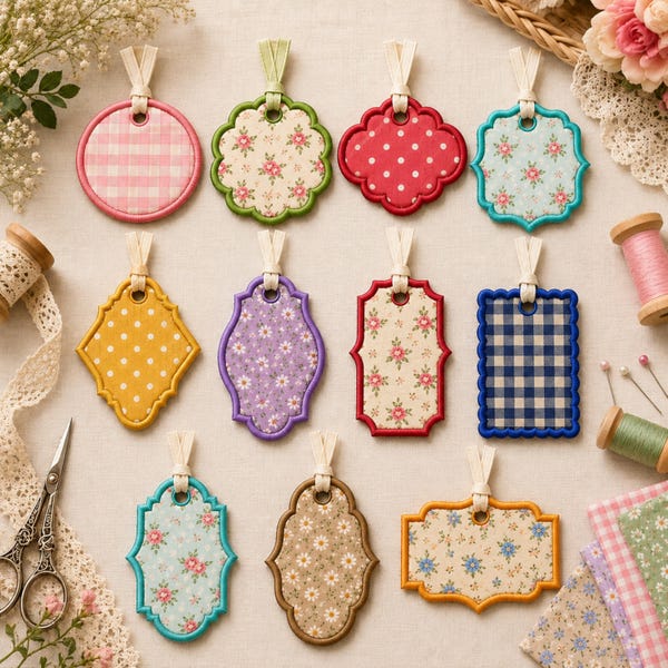 Paquete de llaveros bordados ITH, diseño de bordado de etiquetas de regalo con apliques, archivos de etiquetas de equipaje para bordado en bastidor, PES DST