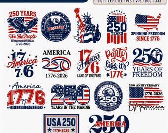 16 250th Anniversary USA Embroidery Design Bundle, USA Eagle Patriotic Machine Embroidery, 1776–2026, 4th of July, Instant Download