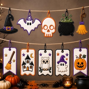 May include: A collection of ten embroidered Halloween ornaments hanging from a string. The set includes a witch hat, bat, skull, cauldron, broom, and five rectangular tags featuring a broom, haunted house, owl, ghost, and jack-o'-lantern.