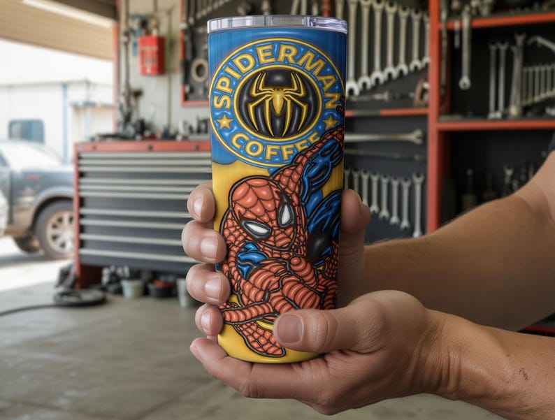 May include: A cylindrical insulated travel mug with a Spider-Man design. The mug is blue and yellow, with the words "Spider-Man Coffee" and a spider emblem. The design features the Spider-Man character. The mug is likely made of stainless steel.