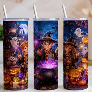 Diseño PNG para vaso delgado de 20 oz de Harry Potter para Halloween, diseño de sublimación de la calabaza y el caldero de Hogwarts con fantasmas, descarga digital.