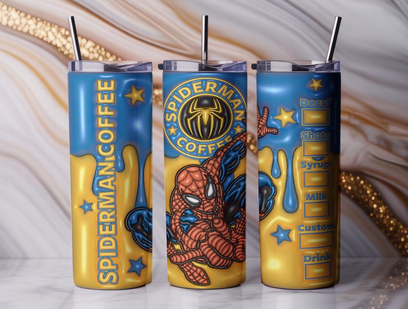 May include: Three stainless steel travel mugs with lids and straws. The mugs have a yellow and blue design with the words "SPIDERMAN COFFEE" and a Spider-Man graphic. One mug has a drink customization chart.