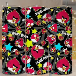 Röd Angry Bird-tumblerwrap – 20oz sublimeringsdesign, svart stjärna tecknad fågelmönster PNG digital nedladdning