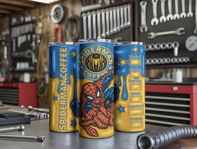 May include: Three stainless steel tumblers with a blue and yellow design featuring Spider-Man. One tumbler reads "Spider-Man Coffee" and another has a coffee drink recipe. The tumblers are on a metal surface in a workshop.