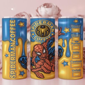 May include: Three insulated tumblers with a Spider-Man theme. The tumblers are blue and gold, with the words "Spider-Man Coffee" and a Spider-Man graphic. One tumbler has a coffee order guide.