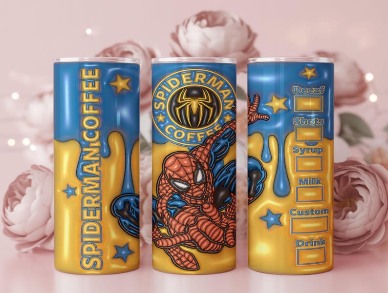 May include: Three insulated tumblers with a Spider-Man theme. The tumblers are blue and gold, with the words "Spider-Man Coffee" and a Spider-Man graphic. One tumbler has a coffee order guide.
