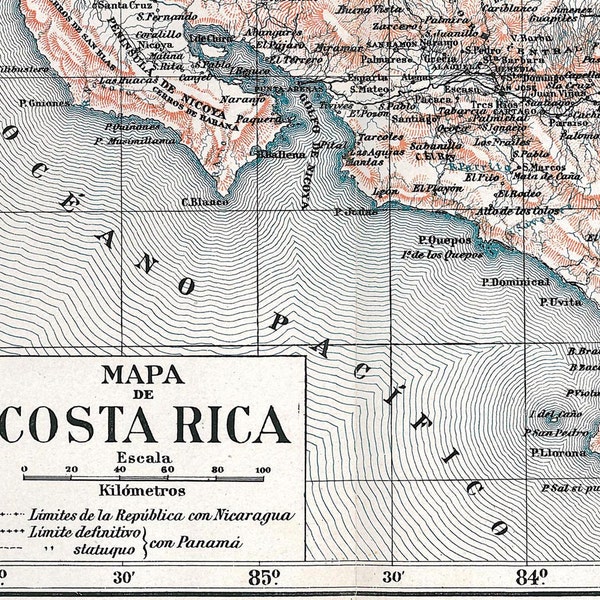 Vintage Map Costa Rica 1920s