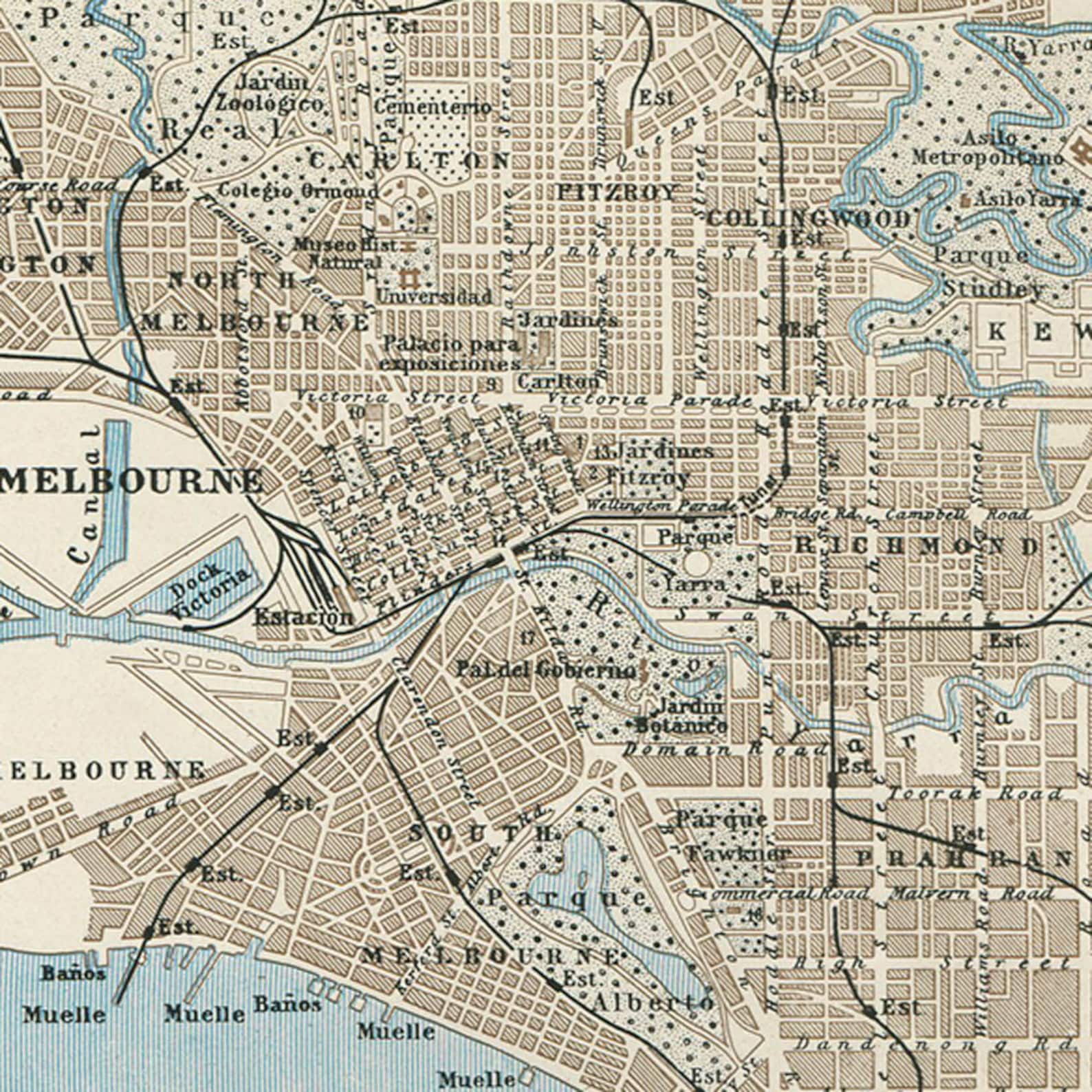 Vintage City Map Melbourne Australia Street Plan 1920s Etsy