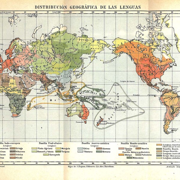 Vintage World Map Languages Geographical Distribution 1920sa