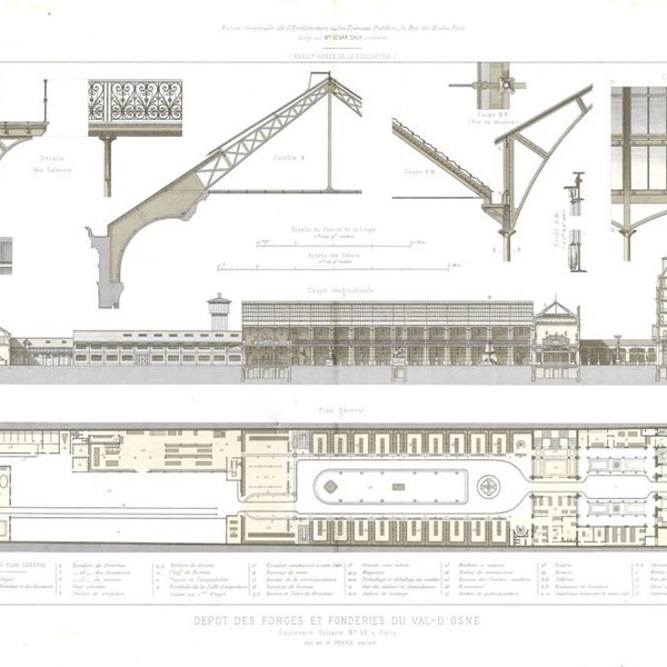 1873 Large Architectural Print, Floor Plan and Sections, Dépôt des Forges et Fonderies duVal d'Osne