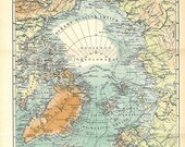 Vintage 1920s North Pole Map Polar Expeditions Arctic Circle