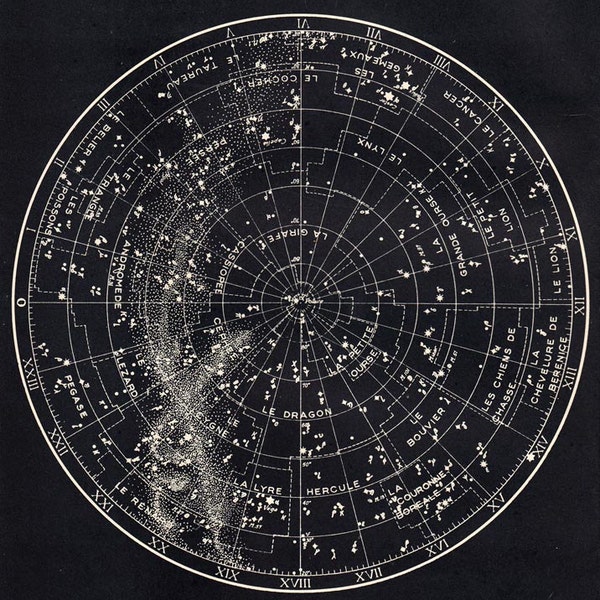 Star Chart Northern Sky  Astronomy Print 1940s Constellations Map Vintage