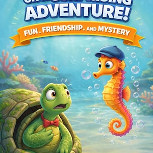 Op de afbeelding: Een illustratie van een boekcover met een oranje zeepaardje en een groene schildpad. De tekst luidt: "Join Pip the Seahorse on a Surprising Adventure!" met de woorden "Fun, Friendship, and Mystery" eronder. Een knop zegt "Lees nu!"