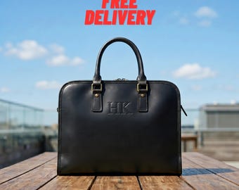 Personalized Leather Briefcase: Custom Monogram Laptop Work Bag for Men