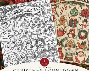 Christmas Countdown Coloring Page  | 25 Calendar Boxes | Adult & Teen Holiday Activity (Digital Download)
