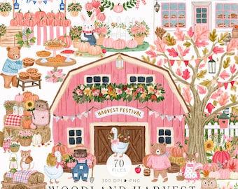 Puede incluir: Una colección de imágenes prediseñadas digitales titulada Woodland Harvest que presenta ilustraciones en acuarela de un granero rosa, una panadería, calabazas, árboles de otoño y varios animales del bosque como osos, erizos, ratones y gansos.