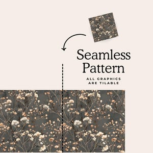 Puede incluir: Un dise&ntilde;o de patr&oacute;n sin costuras con un fondo gris oscuro y delicados elementos florales blancos y beige. El texto "Seamless Pattern" y "ALL GRAPHICS ARE TILABLE" se muestra en negro.