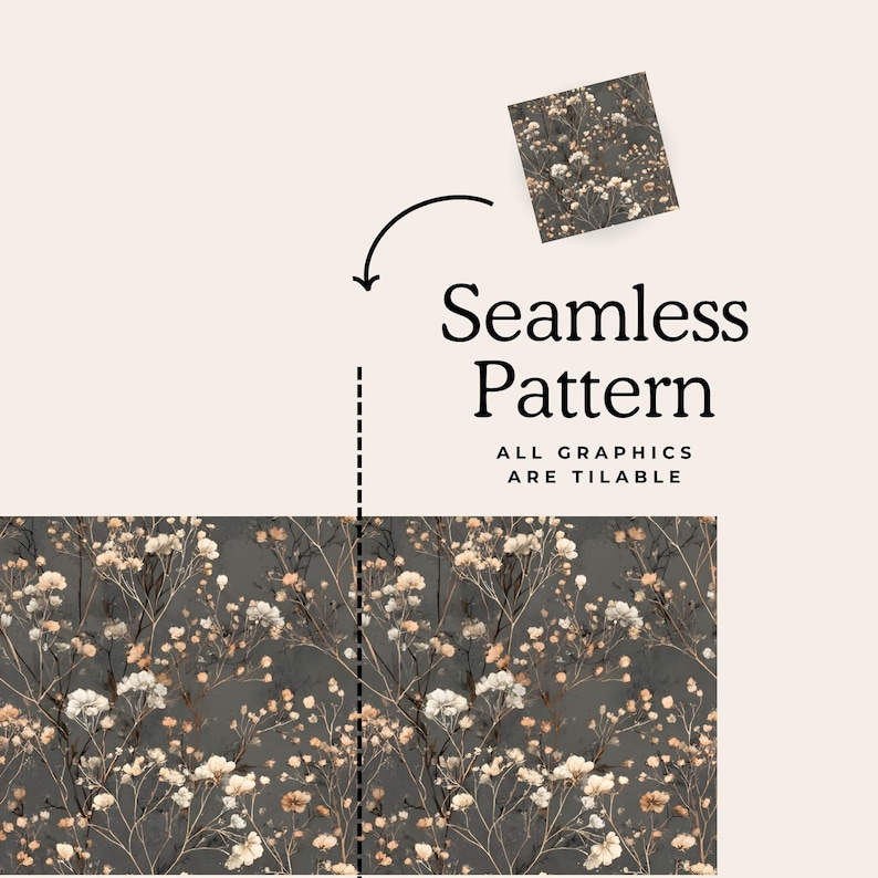 Puede incluir: Un dise&ntilde;o de patr&oacute;n sin costuras con un fondo gris oscuro y delicados elementos florales blancos y beige. El texto "Seamless Pattern" y "ALL GRAPHICS ARE TILABLE" se muestra en negro.