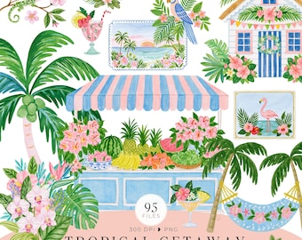 Puede incluir: Una colección de imágenes digitales titulada Tropical Getaway de FalseHope Paper Co. que presenta ilustraciones en acuarela de palmeras, una casa de playa, un puesto de frutas, un flamenco, un loro, flores tropicales y una hamaca.