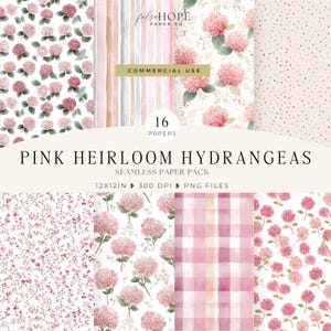 Puede incluir: Una colección de 16 diseños de papel sin costuras con patrones florales de hortensias rosas. Los diseños incluyen varios estilos, como lunares, rayas y cuadros. El texto de la imagen dice "PINK HEIRLOOM HYDRANGEAS SEAMLESS PAPER PACK 12X12IN 300 DPI PNG FILES".