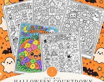 Puede incluir: Cinco páginas para colorear imprimibles con el tema de cuenta regresiva de 31 días de Halloween. Las hojas incluyen arte lineal de fantasmas, calabazas, gatos y dulces, con secciones numeradas para colorear a diario. Una página está coloreada.