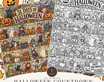 Puede incluir: Una página para colorear imprimible de cuenta regresiva de Halloween con una cuadrícula de 31 días. El lado izquierdo muestra una versión a todo color con fantasmas, calabazas, gatos y niños disfrazados. El lado derecho muestra la misma cuadrícula en blanco y negro.