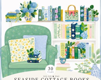 Puede incluir: Ilustración en acuarela con temática de casa de campo costera. Presenta un sillón verde con cojines florales, estanterías llenas de libros y arreglos florales. El texto dice "SEASIDE COTTAGE BOOKS" y "COMMERCIAL USE INCLUDED".