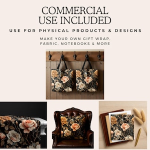 Puede incluir: La imagen muestra varios productos con un dise&ntilde;o floral, incluyendo bolsas de mano, un mantel, un coj&iacute;n y un cuaderno. El dise&ntilde;o presenta rosas en tonos melocot&oacute;n, crema y amarillo sobre un fondo oscuro. El texto en la parte superior dice "COMMERCIAL USE INCLUDED".