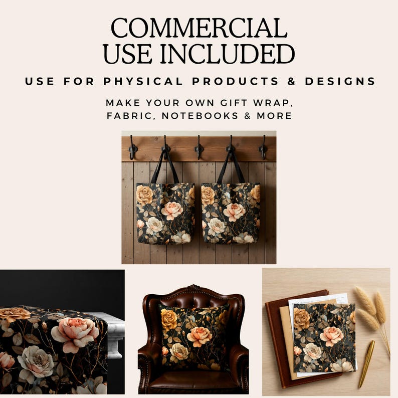 Puede incluir: La imagen muestra varios productos con un dise&ntilde;o floral, incluyendo bolsas de mano, un mantel, un coj&iacute;n y un cuaderno. El dise&ntilde;o presenta rosas en tonos melocot&oacute;n, crema y amarillo sobre un fondo oscuro. El texto en la parte superior dice "COMMERCIAL USE INCLUDED".