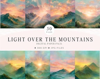 Puede incluir: Paquete de papel digital con paisajes de montañas al atardecer. La obra de arte presenta colores vibrantes de naranja, rosa y turquesa, con el texto "LIGHT OVER THE MOUNTAINS" y "50 FILES".