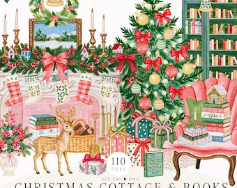 Puede incluir: Una ilustración digital que muestra una escena navideña con un árbol decorado, una chimenea con calcetines, una estantería, un ciervo y regalos. El texto dice falseHOPE PAPER CO. y CHRISTMAS COTTAGE & BOOKS 110 FILES 300 DPI PNG.