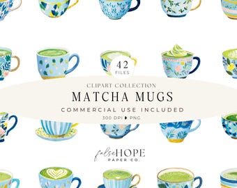 Puede incluir: Una colección de tazas de matcha en acuarela, cada una llena de té matcha verde. Las tazas presentan diseños florales y geométricos en tonos azules, dorados y blancos. La imagen incluye el texto "Matcha Mugs".